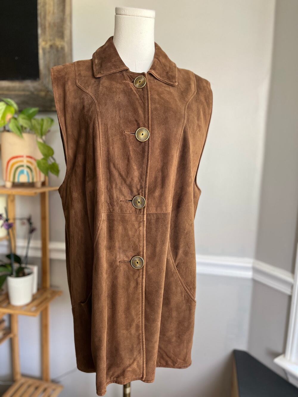 Vintage 70s Brown Suede Vest Brass Button Collared Western Country Size Large